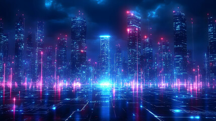 Fototapeta premium Futuristic cityscape with vibrant neon lights and digital elements.