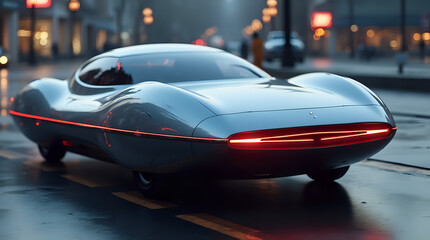 Obraz premium A sleek, low-to-the-ground hovercar that gracefully glides above the street, showcasing a futuristic design that emphasizes aerodynamics.