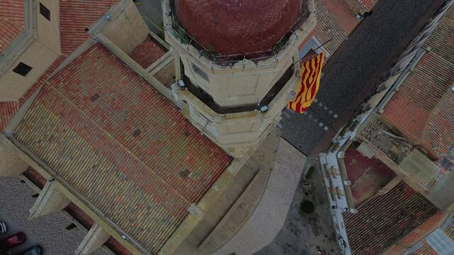 Aerial Cliff Reveal of Church Santa Maria de Les Borges Blanques 4k drone