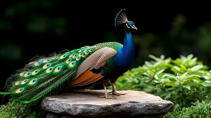 Obraz premium Magnificent Peacock Proudly Displaying Its Colorful Vibrant Feathers in the Middle of a Lush Verdant Garden Landscape