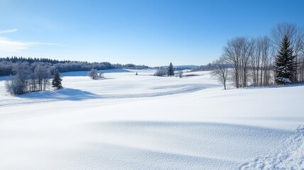 Snow-covered fields of rural Quebec with a clear, open sky for copy