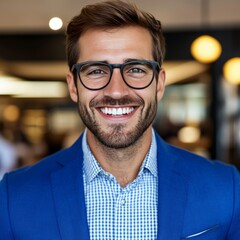 Fototapeta premium A smiling man in a blue suit and glasses, exuding confidence and professionalism.