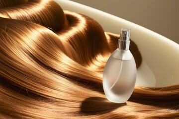 Fototapeta premium A luxurious haircare mockup featuring a hairspray bottle with golden hair strands in the background, perfect for advertising styling and conditioning products