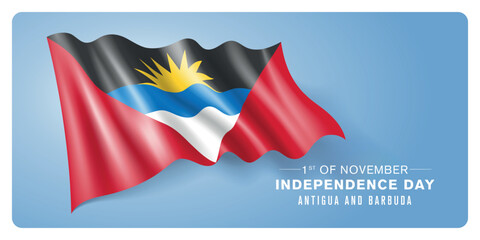 Antigua and Barbuda independence day vector banner, greeting card. Antiguan wavy flag in 1st of November patriotic holiday horizontal design with realistic flag