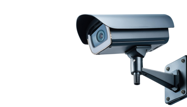 Security camera mounted on a wall, monitoring surroundings, isolated background. transparent