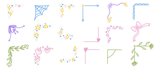Doodle Color Corner and Border Set with Strawberries, Stars, and Sparkles. Hand-Drawn Floral Frames, Flourishes, and Vines.