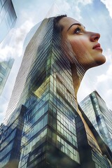 Fototapeta premium A woman's face blended with a skyscraper, symbolizing ambition and the pursuit of success.