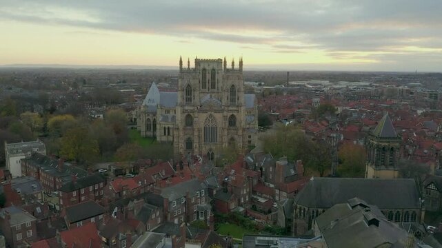Drone view of York Minster Cathedral and surrounding buildings in York at sunset, UK