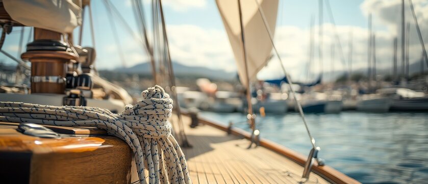 Sailboat with ropes, docked by marina