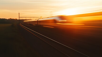 Train in motion at sunset, blurred effect.