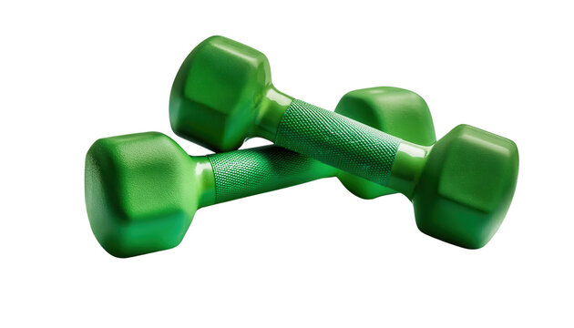 Green dumbbells on a white isolated background for fitness and exercise. transparent
