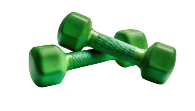 Green dumbbells on a white isolated background for fitness and exercise. transparent