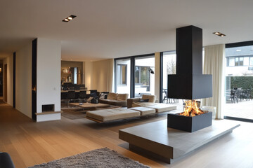Fototapeta premium Modern Living Room with Central Fireplace and Open Layout