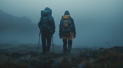 A photo of two friends hiking through a foggy, awe-inspiring landscape at dusk. The image showcases teamwork, motivation, and discovery, highlighting their journey and mutual trust. High resolution