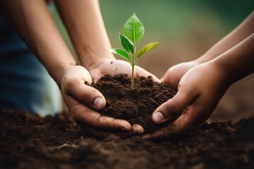 Family and kid hands holding seedlings gardening planting outdoors.