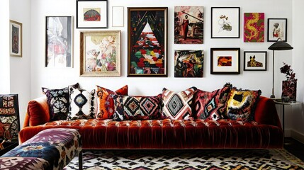 A living room with a red velvet sofa, colorful patterned pillows, and a gallery wall of artwork.