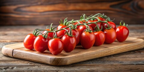 Forced perspective image of San Marzano DOP cherry tomato branch with ripe tomatoes on wooden cutting board