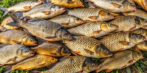 Obraz premium image of catching live river fish, including a lot of crucian carp and golden crucian carp