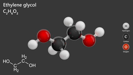 Molecule of Ethylene glycol (C2H6O2). It is a synthetic liquid substance that absorbs water. It is used to make antifreeze and de-icing solutions for cars, airplanes. 3d illustration. Gray back