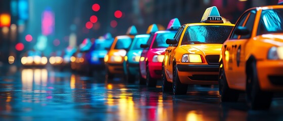 Colorful taxis lined up on a wet street