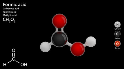 Molecule of Formic acid (HCOOH) is the simplest carboxylic acid. Found naturally in ant venom and certain plants. Its used in leather production and textile processing. Black back. 3d illustration