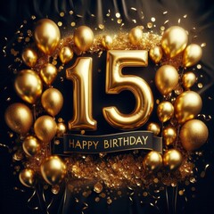 Bright golden balloons and decorations celebrating a 15th birthday with joy.