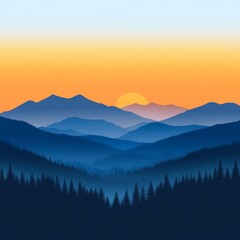 Obraz premium Serene mountain landscape at sunset with layered hills and trees.