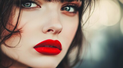 Fototapeta premium Close-Up of Fashionable Woman with Red Lipstick and Smoky Eyes in Natural Light