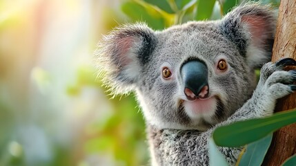 Obraz premium Peaceful Koala Clinging to Eucalyptus Tree with Soft Sunlight Filtering Through the Leaves Creating a Serene and Tranquil Nature Scene