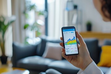Smartphone displaying stock market trends in modern living room