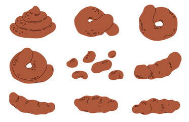 Cartoon brown poop. Animal and human excrement. Different forms and consistency of poo. Digestion for faecal output. Vector illustration