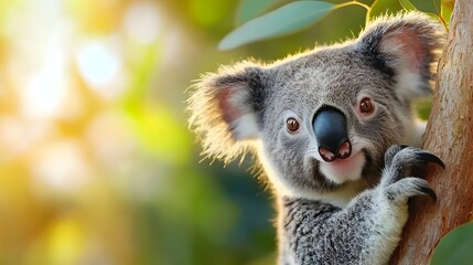 Fototapeta premium Peaceful Koala Clinging to Eucalyptus Tree Branch with Soft Sunlight Filtering Through the Verdant Leaves in a Serene Australian Forest Scene