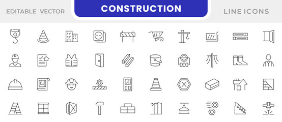 Construction line icon set. Repair, renovation, work tools, materials, big closet,brick wall, inclined clippers, chisel, house plan, design, success, boss line icon set. UI thin line icon pack.