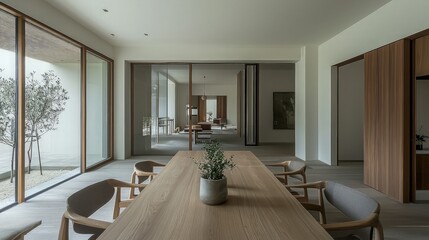 Fototapeta premium Modern dining room interior design with wooden table and chairs, potted plant, and large windows overlooking a patio.