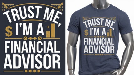 A man is wearing a blue shirt that says "Trust Me, I'm a Financial Advisor"