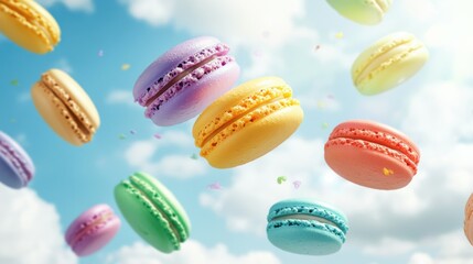Colorful Macarons Floating in a Dreamy Cloudy Sky