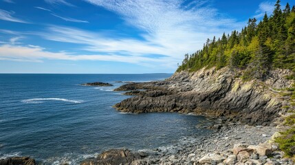 Fototapeta premium The rugged coastline of Maine with open sky for copy space