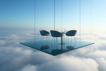 A peaceful cafe built on a suspended glass platform high above the clouds with sleek chairs, minimalist design, and unobstructed views of the horizon