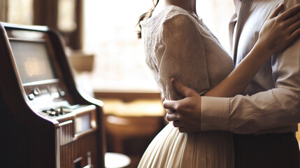 Romantic couple from the 70's and 80's slow dancing in front of a jukebox, creating a nostalgic and atmospheric image.Retro Polaroid shot for projects related to love, music and vintage style.