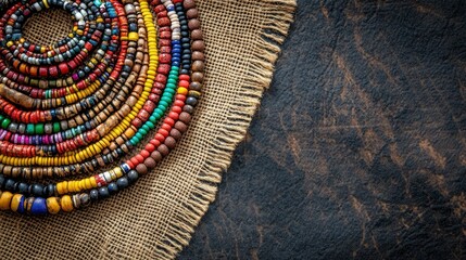 Top view of African clothing accessories, like bead necklaces, arranged with space for text