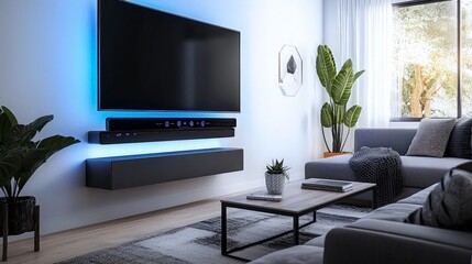 Modern living room interior with a TV, soundbar, and a couch, with blue backlight.