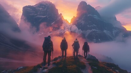 Friends standing triumphantly on a trail at dusk, surrounded by majestic scenery and fog. The photo captures teamwork, trust, and the pursuit of success, showcasing their journey and growth. High