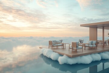 A serene floating cafe perched on the edge of a cloud with minimalist wooden furniture, soft pastel tones, and endless views of the sky
