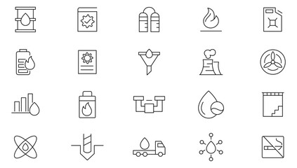 Oil and Gas line icon set. Renewable energy, alternative, fuel station, Automation, Warehouse, Manufacturing, Worker, Crane, Chemical, Assembly line icon set. UI thin line icon pack.