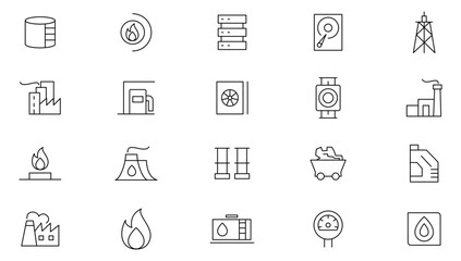 Oil and Gas line icon set. Renewable energy, alternative, fuel station, Automation, Warehouse, Manufacturing, Worker, Crane, Chemical, Assembly line icon set. UI thin line icon pack.