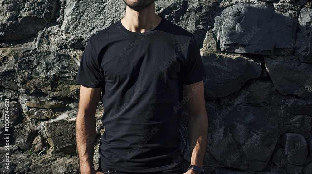 Wall mural Man in Black T-Shirt Standing Against a Stone Wall