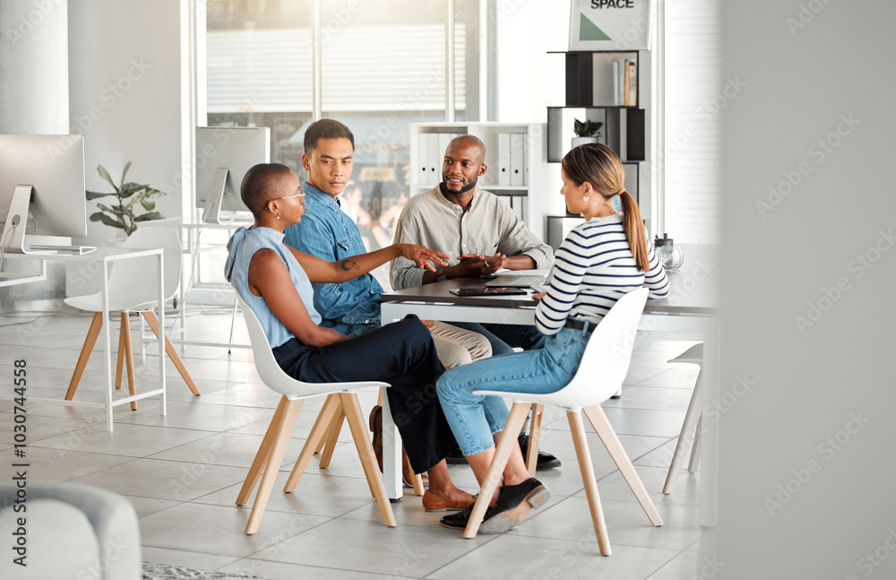 Poster business people, meeting and diversity in office with digital media management team and chat. teamwo