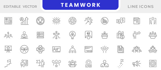 Teamwork line icon set. Team, recruitment, leadership, agreement, success, leader, problem-solving, interaction, goal, idea, vision, communication, and unity line icon set. UI thin line icon pack.