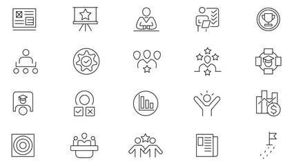 Teamwork line icon set. Team, recruitment, leadership, agreement, success, leader, problem-solving, interaction, goal, idea, vision, communication, and unity line icon set. UI thin line icon pack.