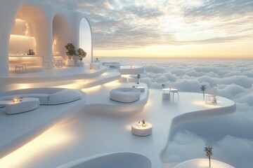 A sky-high cafe with minimalist white furnishings, soft natural lighting, and floating platforms creating an ethereal experience above the clouds